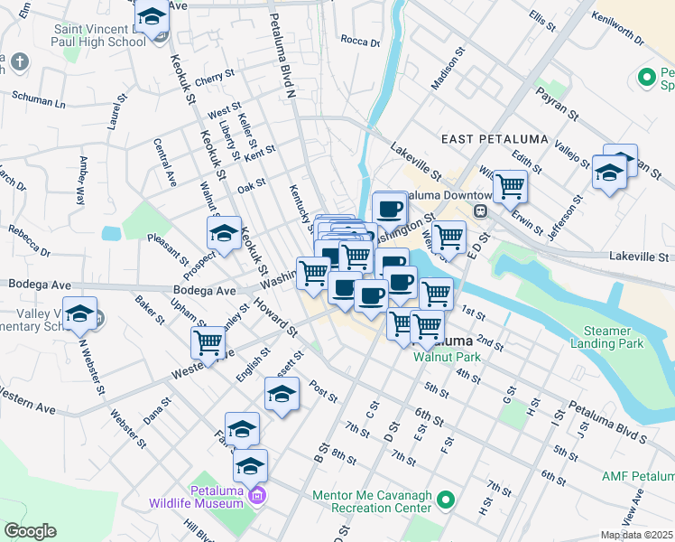 map of restaurants, bars, coffee shops, grocery stores, and more near 146 Kentucky Street in Petaluma