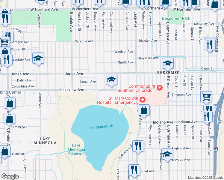 map of restaurants, bars, coffee shops, grocery stores, and more near 1500 Lakeview Avenue in Pueblo
