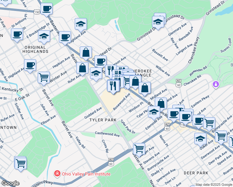 map of restaurants, bars, coffee shops, grocery stores, and more near 1250 Bardstown Road in Louisville