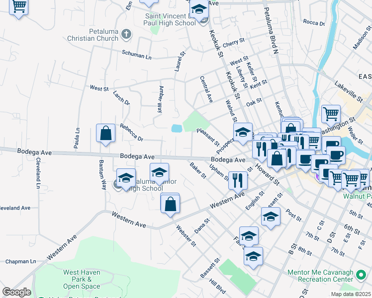 map of restaurants, bars, coffee shops, grocery stores, and more near 2 Wallace Court in Petaluma