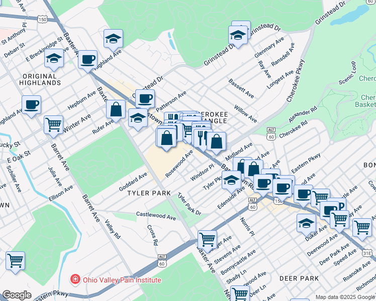 map of restaurants, bars, coffee shops, grocery stores, and more near 1817 Rosewood Avenue in Louisville