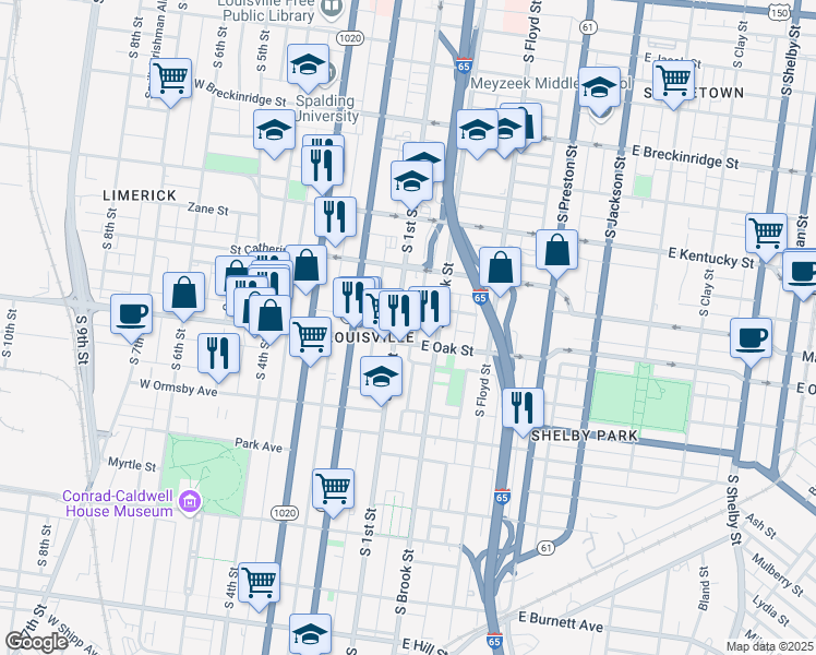 map of restaurants, bars, coffee shops, grocery stores, and more near in Louisville