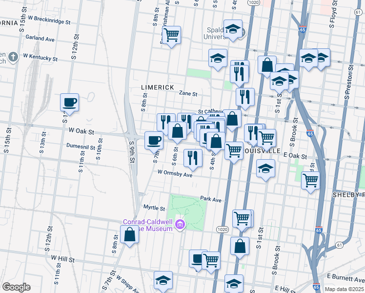 map of restaurants, bars, coffee shops, grocery stores, and more near in Louisville