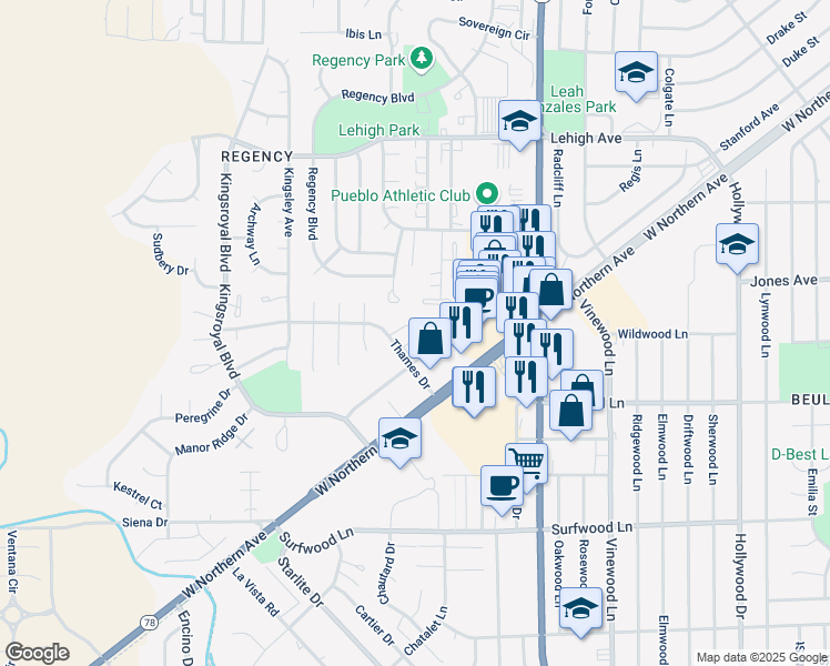 map of restaurants, bars, coffee shops, grocery stores, and more near 10 Avon Ct in Pueblo