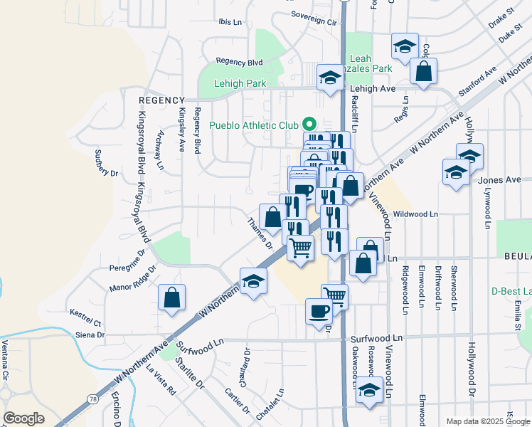 map of restaurants, bars, coffee shops, grocery stores, and more near 10 Avon Court in Pueblo