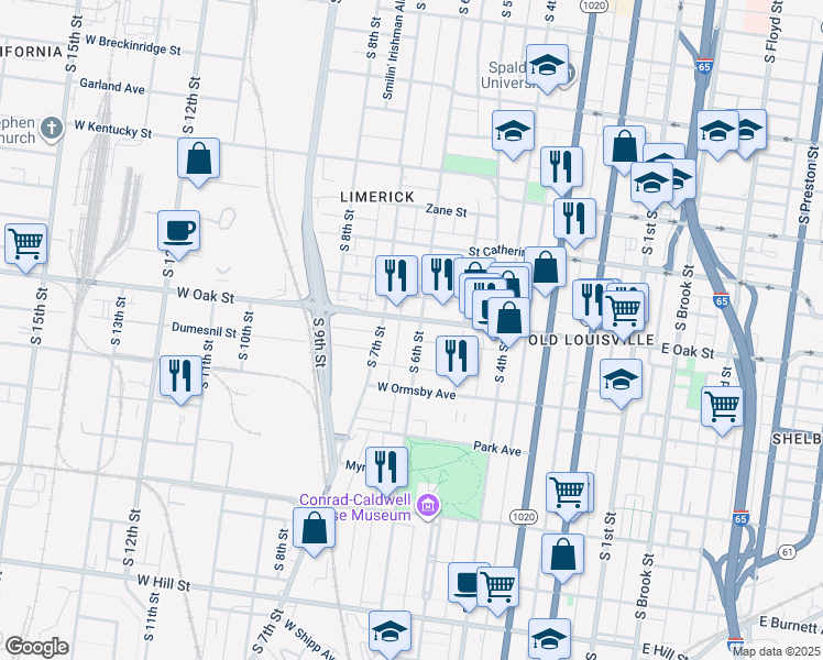 map of restaurants, bars, coffee shops, grocery stores, and more near 1206 South 6th Street in Louisville