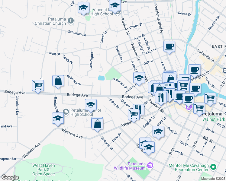 map of restaurants, bars, coffee shops, grocery stores, and more near 14 Park Avenue in Petaluma