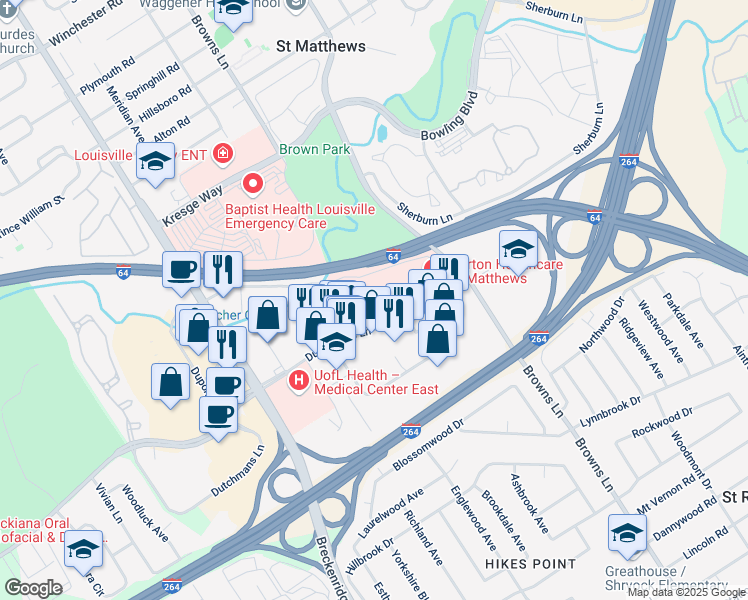 map of restaurants, bars, coffee shops, grocery stores, and more near 3991 Dutchmans Lane in Louisville