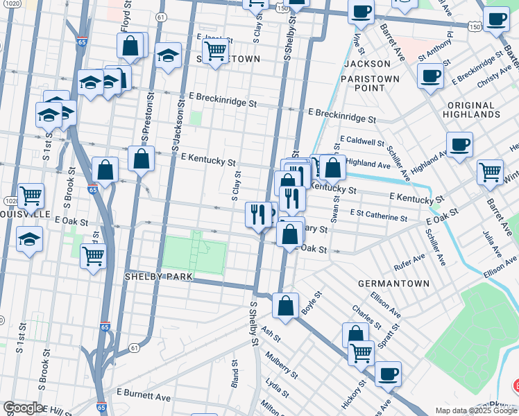 map of restaurants, bars, coffee shops, grocery stores, and more near 729 East Saint Catherine Street in Louisville