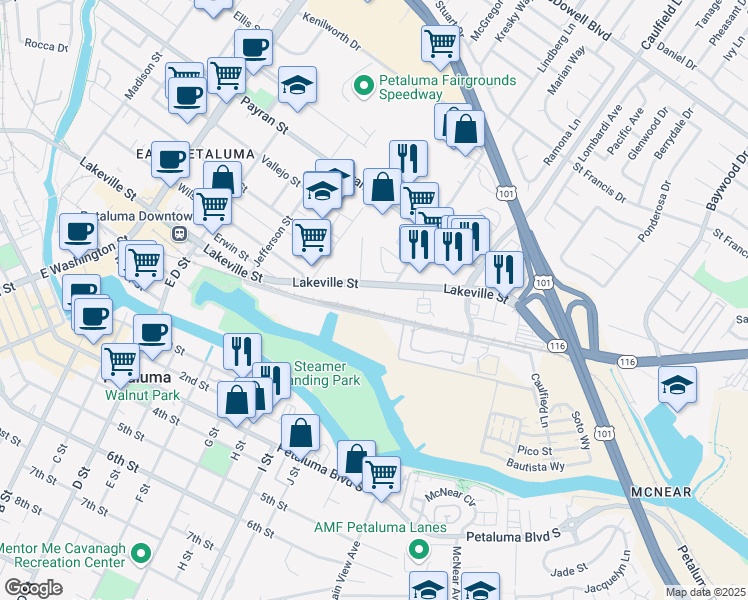 map of restaurants, bars, coffee shops, grocery stores, and more near 815 Lakeville Street in Petaluma