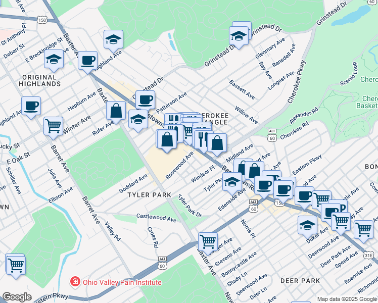 map of restaurants, bars, coffee shops, grocery stores, and more near 1817 Rosewood Avenue in Louisville