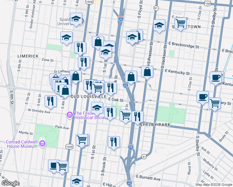 map of restaurants, bars, coffee shops, grocery stores, and more near 1141 South Brook Street in Louisville