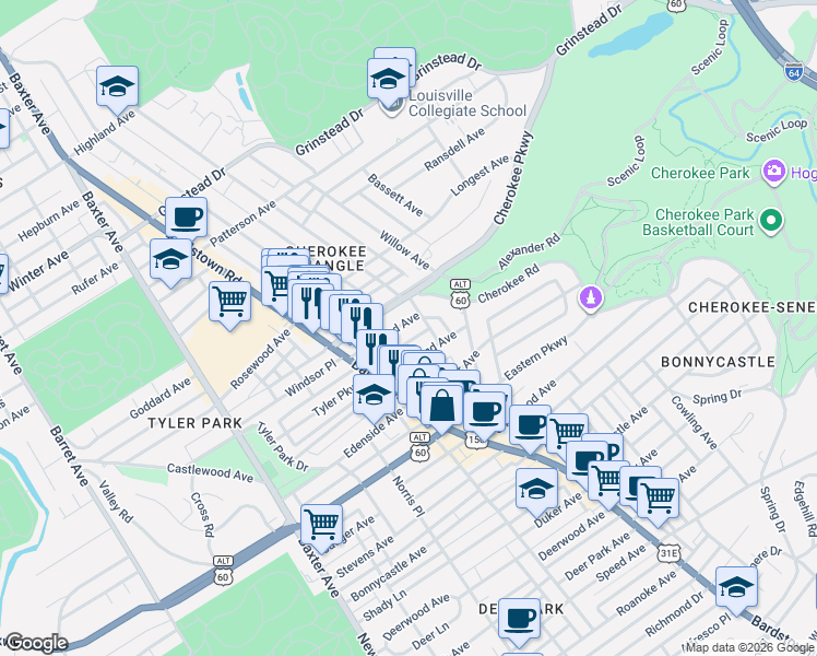 map of restaurants, bars, coffee shops, grocery stores, and more near 2054 Midland Avenue in Louisville