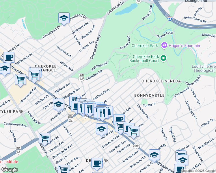 map of restaurants, bars, coffee shops, grocery stores, and more near 2111 Eastern Parkway in Louisville