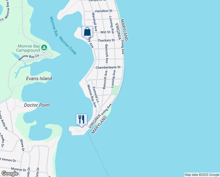map of restaurants, bars, coffee shops, grocery stores, and more near 100 Spotswood Lane in Colonial Beach