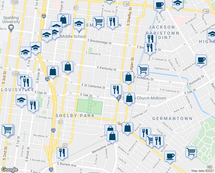 map of restaurants, bars, coffee shops, grocery stores, and more near 703 East Saint Catherine Street in Louisville