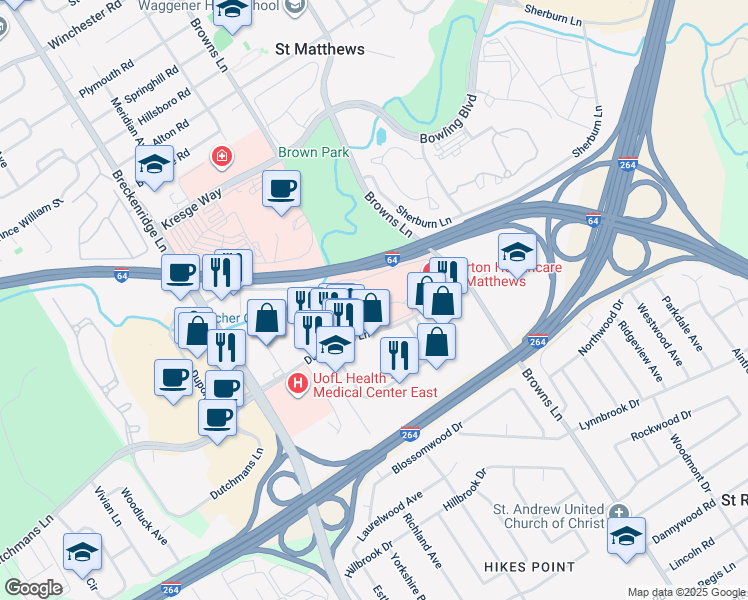 map of restaurants, bars, coffee shops, grocery stores, and more near 3991 Dutchmans Lane in Louisville