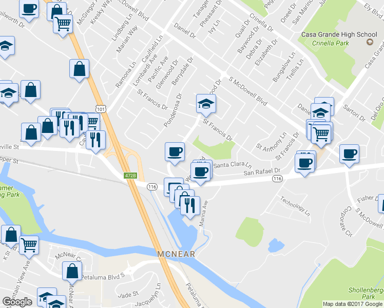 map of restaurants, bars, coffee shops, grocery stores, and more near 1144 Baywood Drive in Petaluma