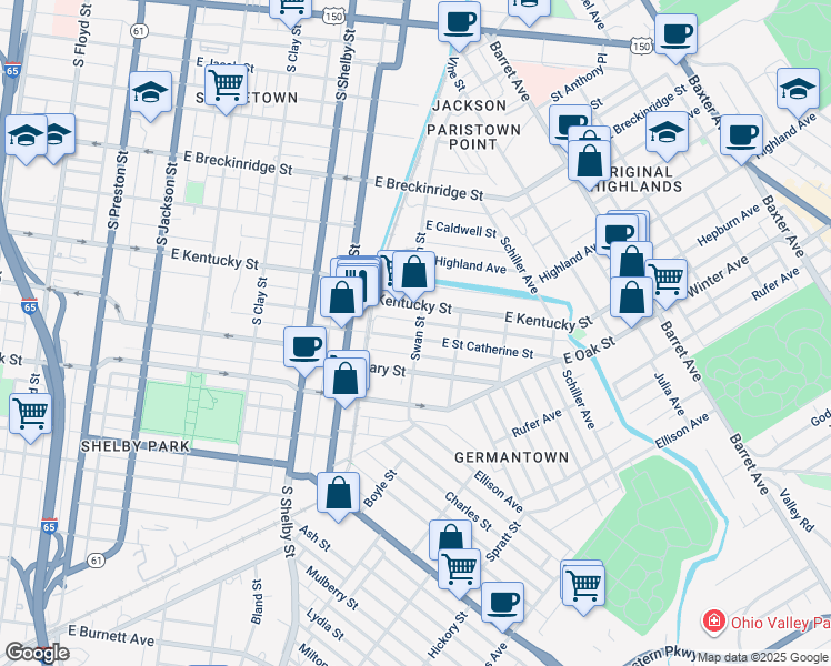 map of restaurants, bars, coffee shops, grocery stores, and more near 951 East Saint Catherine Street in Louisville