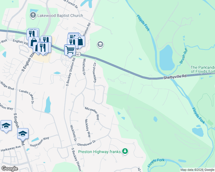 map of restaurants, bars, coffee shops, grocery stores, and more near 516 Gablewood Circle in Louisville