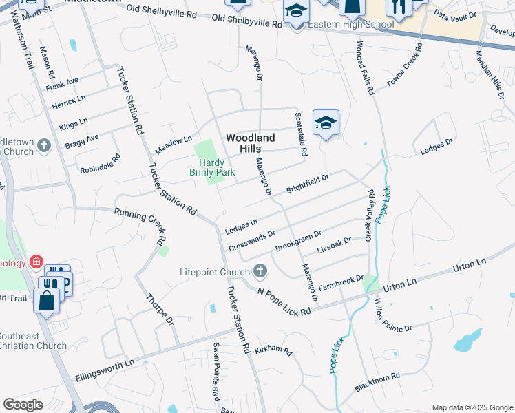 map of restaurants, bars, coffee shops, grocery stores, and more near 12210 Brightfield Drive in Louisville