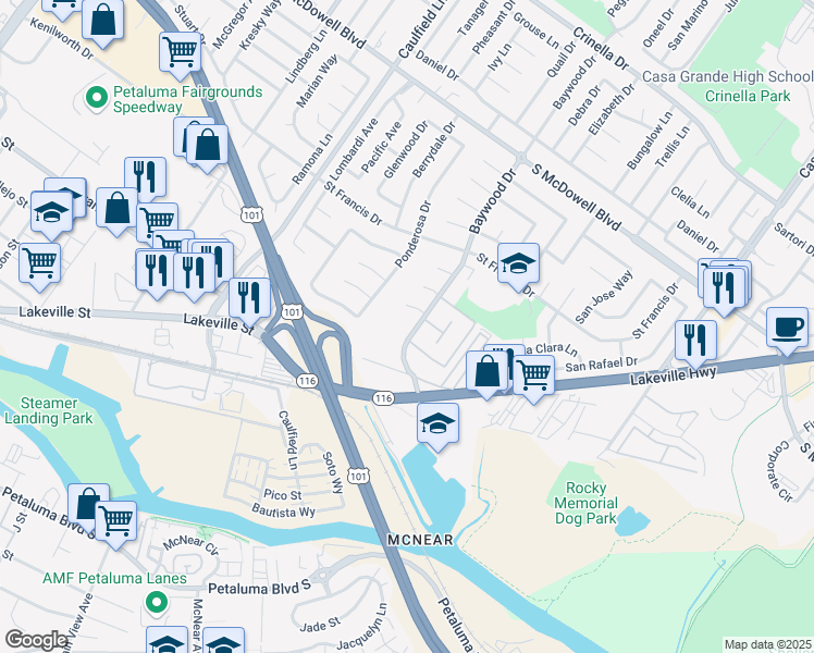 map of restaurants, bars, coffee shops, grocery stores, and more near 1121 Baywood Drive in Petaluma
