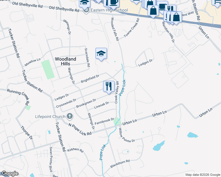 map of restaurants, bars, coffee shops, grocery stores, and more near 12410 Crosswinds Drive in Louisville
