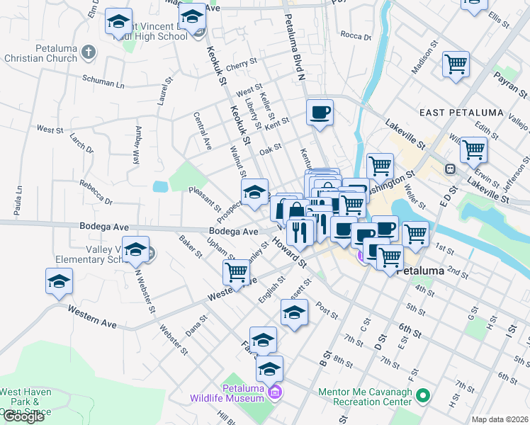 map of restaurants, bars, coffee shops, grocery stores, and more near 200 Walnut Street in Petaluma