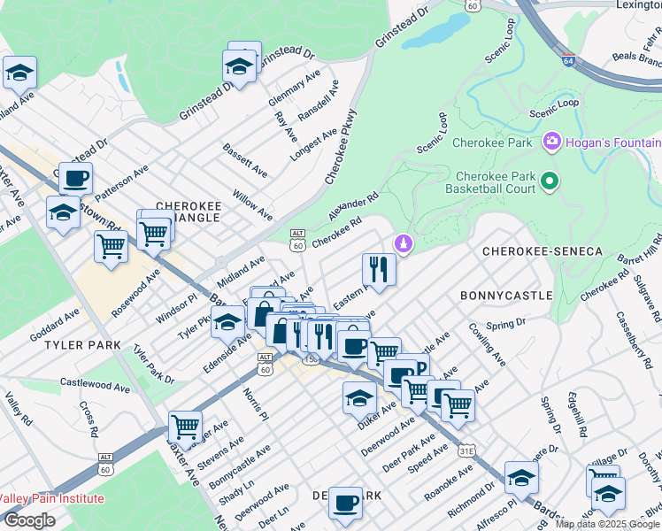 map of restaurants, bars, coffee shops, grocery stores, and more near 2125 Baringer Avenue in Louisville