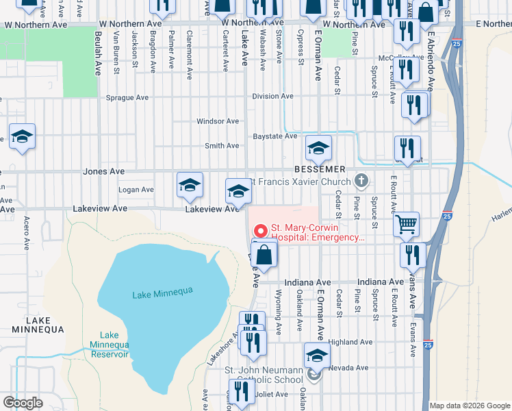 map of restaurants, bars, coffee shops, grocery stores, and more near 1176 Lakeview Avenue in Pueblo