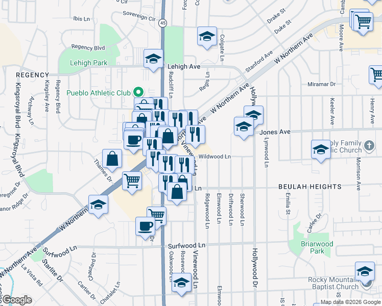 map of restaurants, bars, coffee shops, grocery stores, and more near in Pueblo