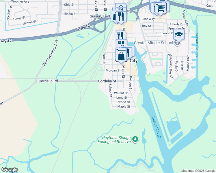 map of restaurants, bars, coffee shops, grocery stores, and more near 1101 Crystal Street in Suisun City