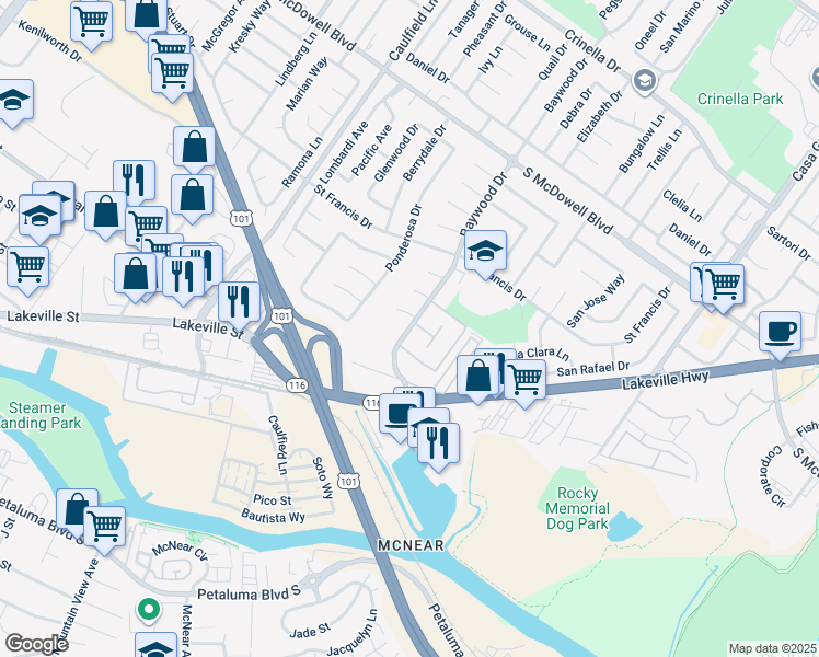 map of restaurants, bars, coffee shops, grocery stores, and more near 1121 Baywood Drive in Petaluma