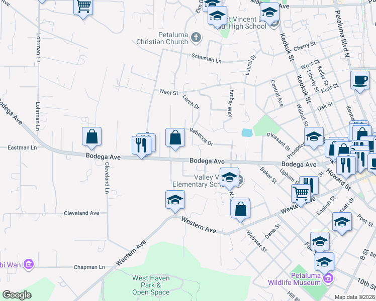 map of restaurants, bars, coffee shops, grocery stores, and more near 800 Bodega Avenue in Petaluma