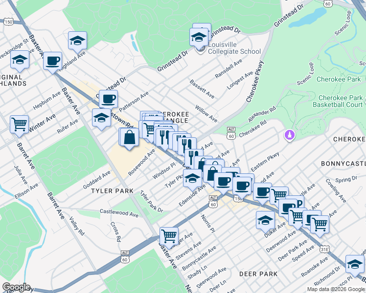 map of restaurants, bars, coffee shops, grocery stores, and more near 2017 Cherokee Parkway in Louisville