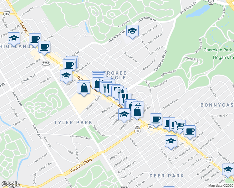 map of restaurants, bars, coffee shops, grocery stores, and more near 2017 Cherokee Parkway in Louisville