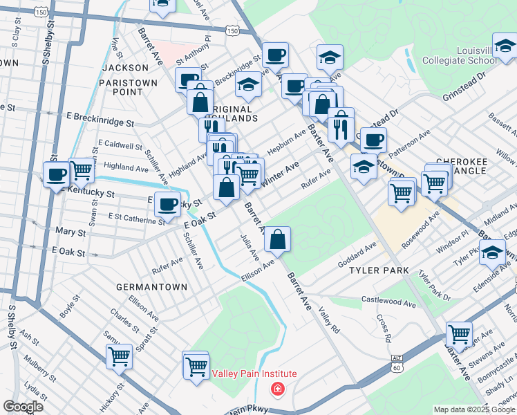 map of restaurants, bars, coffee shops, grocery stores, and more near 1310 Rufer Avenue in Louisville