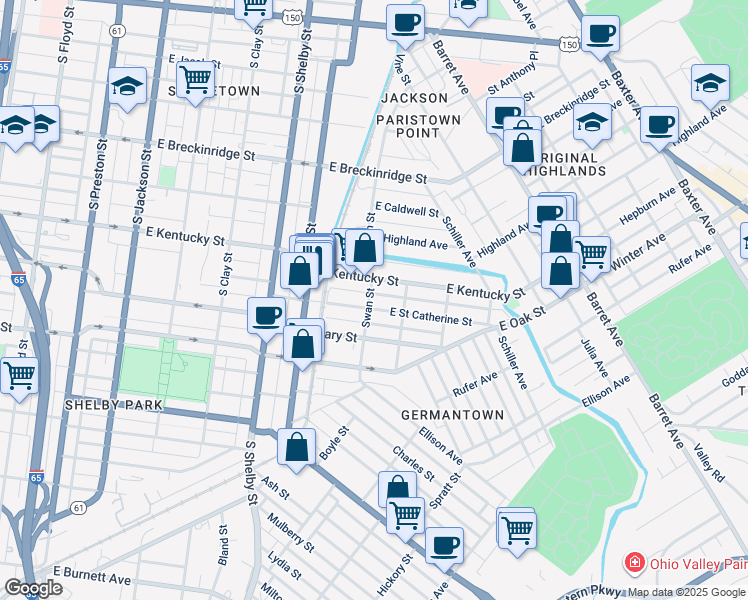map of restaurants, bars, coffee shops, grocery stores, and more near 951 East Saint Catherine Street in Louisville