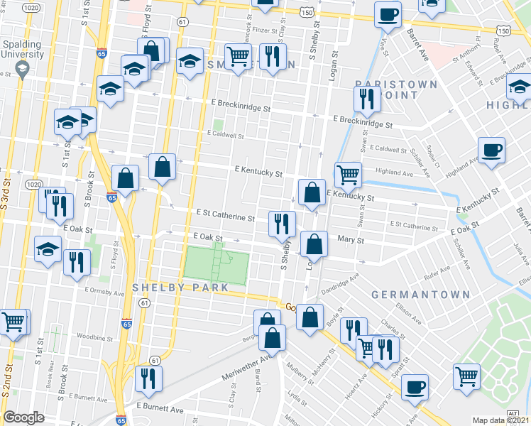 map of restaurants, bars, coffee shops, grocery stores, and more near 703 East Saint Catherine Street in Louisville