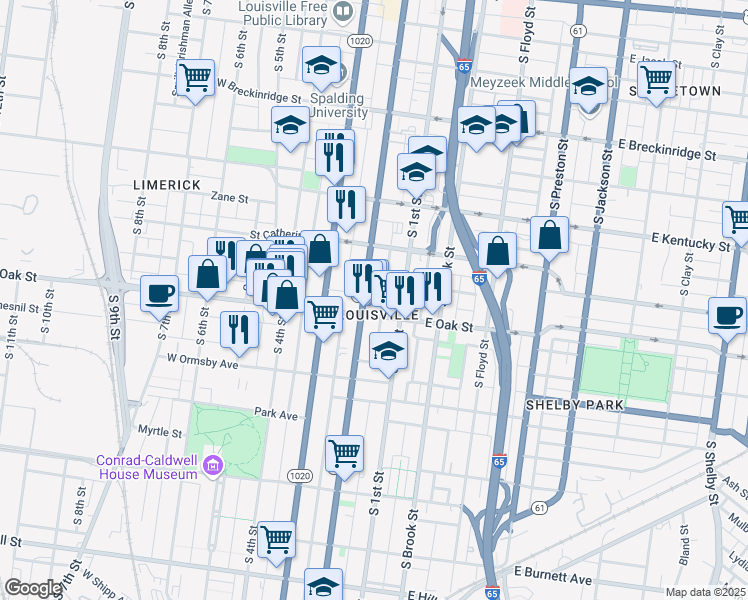 map of restaurants, bars, coffee shops, grocery stores, and more near in Louisville