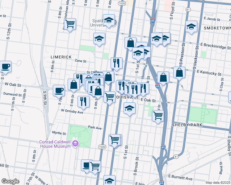 map of restaurants, bars, coffee shops, grocery stores, and more near in Louisville