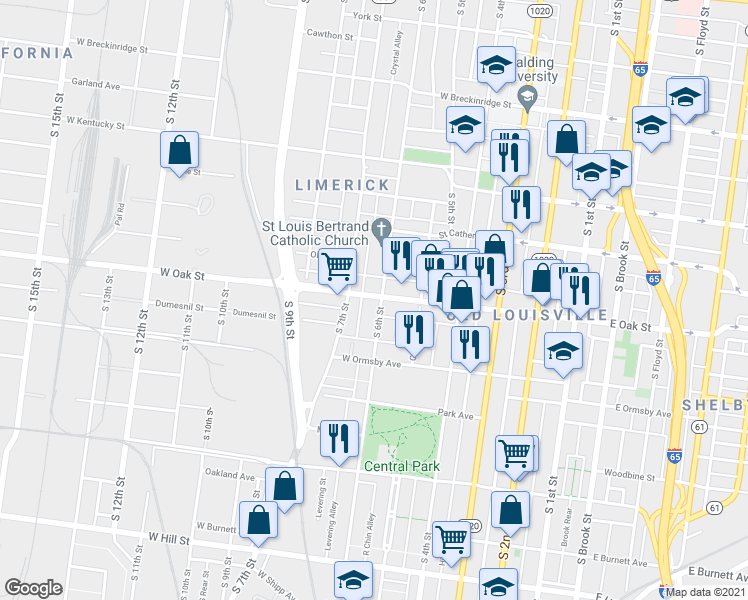 map of restaurants, bars, coffee shops, grocery stores, and more near 1206 South 6th Street in Louisville