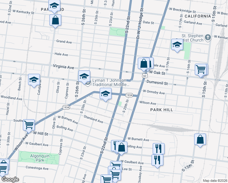 map of restaurants, bars, coffee shops, grocery stores, and more near 2113 Wilson Avenue in Louisville
