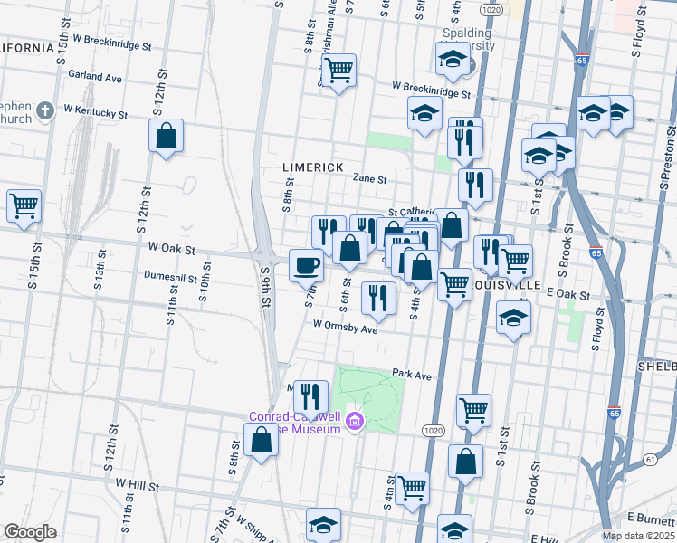 map of restaurants, bars, coffee shops, grocery stores, and more near 1200 South 6th Street in Louisville