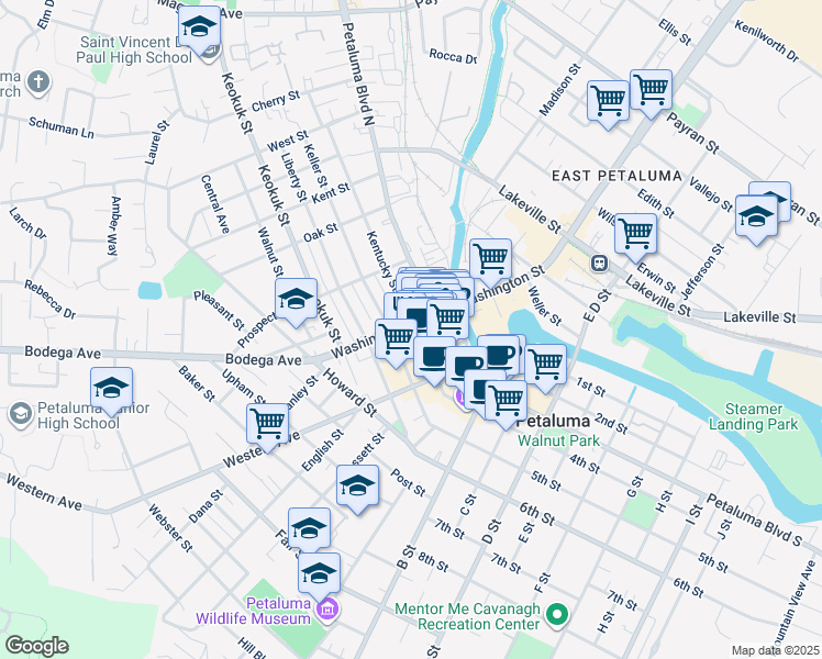 map of restaurants, bars, coffee shops, grocery stores, and more near 146 Kentucky Street in Petaluma