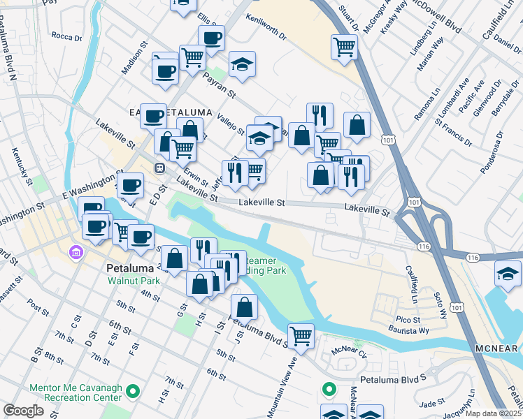map of restaurants, bars, coffee shops, grocery stores, and more near 412-500 Hopper St in Petaluma