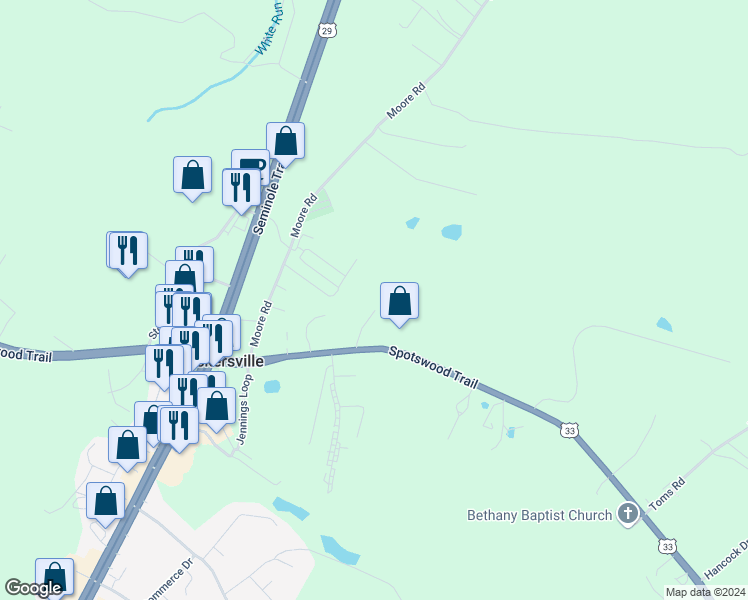 map of restaurants, bars, coffee shops, grocery stores, and more near 105 Pinewood Court in Ruckersville