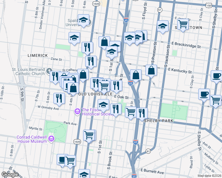 map of restaurants, bars, coffee shops, grocery stores, and more near in Louisville