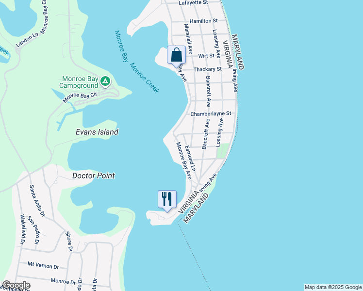map of restaurants, bars, coffee shops, grocery stores, and more near 1308 Monroe Bay Avenue in Colonial Beach