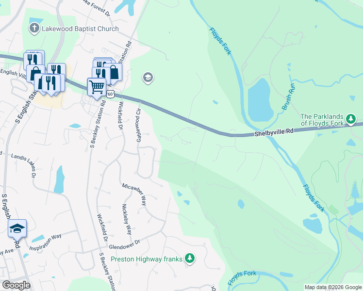map of restaurants, bars, coffee shops, grocery stores, and more near 15310 Royal Troon Avenue in Louisville